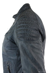Real Washed Leather Slim Fit Retro Style Zipped Mens Biker Jacket Tan Brown Blue Urban-Zulu Blue