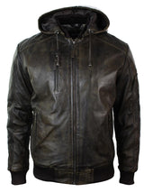 Mens Brown Washed Distressed Removable Hood Bomber Leather Jacket Quilted