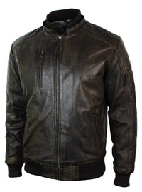 Mens Brown Washed Distressed Removable Hood Bomber Leather Jacket Quilted