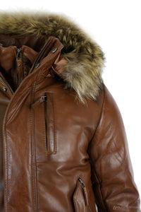 Mens Real Fur Hood Bomber Leather Jacket Black Puffer Padded-Tan