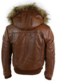 Mens Real Fur Hood Bomber Leather Jacket Black Puffer Padded-Tan