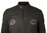Real Leather Vintage Brown Racer Badge Mens Biker Jacket Washed Distressed Slim Fit