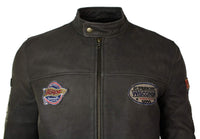 Real Leather Vintage Brown Racer Badge Mens Biker Jacket Washed Distressed Slim Fit