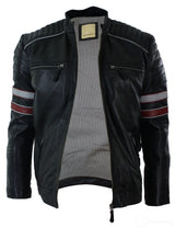 Real Leather Black Racing Mens Biker Jacket Red White Stripes Casual Fit