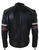 Real Leather Black Racing Mens Biker Jacket Red White Stripes Casual Fit