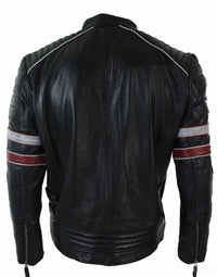 Real Leather Black Racing Mens Biker Jacket Red White Stripes Casual Fit