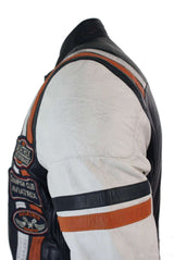 Real Leather Retro Vintage Navy Blue White Mens Biker Jacket Badge Design Casual