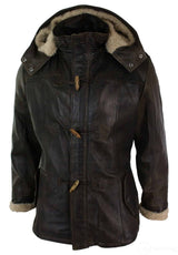 Mens Real Leather Hood Duffle Safari Jacket Long 3/4 Fur Washed Timber Brown Tan-Brown