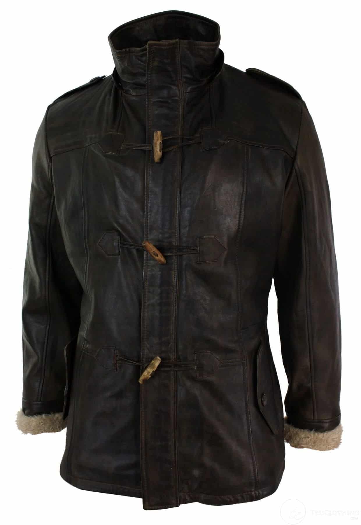 Mens Real Leather Hood Duffle Safari Jacket Long 3/4 Fur Washed Timber Brown Tan-Brown