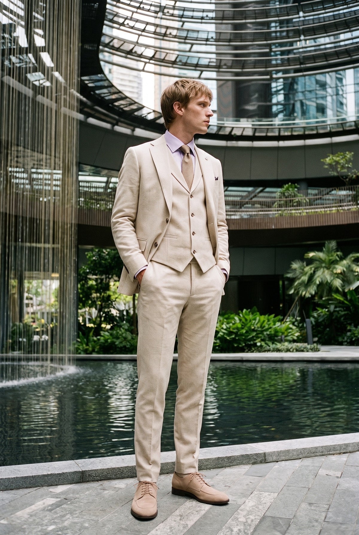 Look #948 styled with TP-21 Beigefarbener 3-teiliger Sommerhochzeitsanzug aus Leinen für Herren