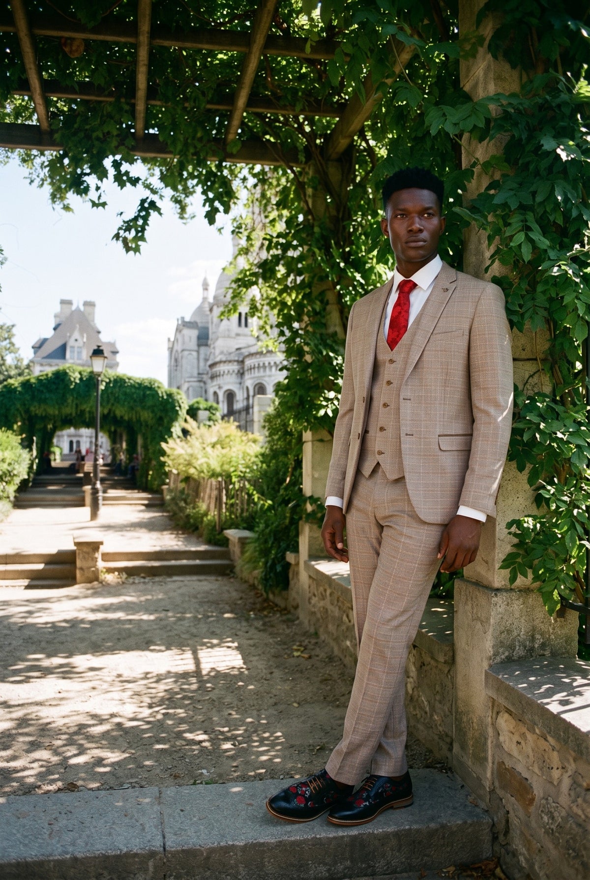 Look #215 styled with Paul Andrew Holland – Herrenanzug, kariert, Tweed, Beige/Braun, 3-teilig, für Hochzeit, Abschlussball, Vintage, Retro, Klassisch