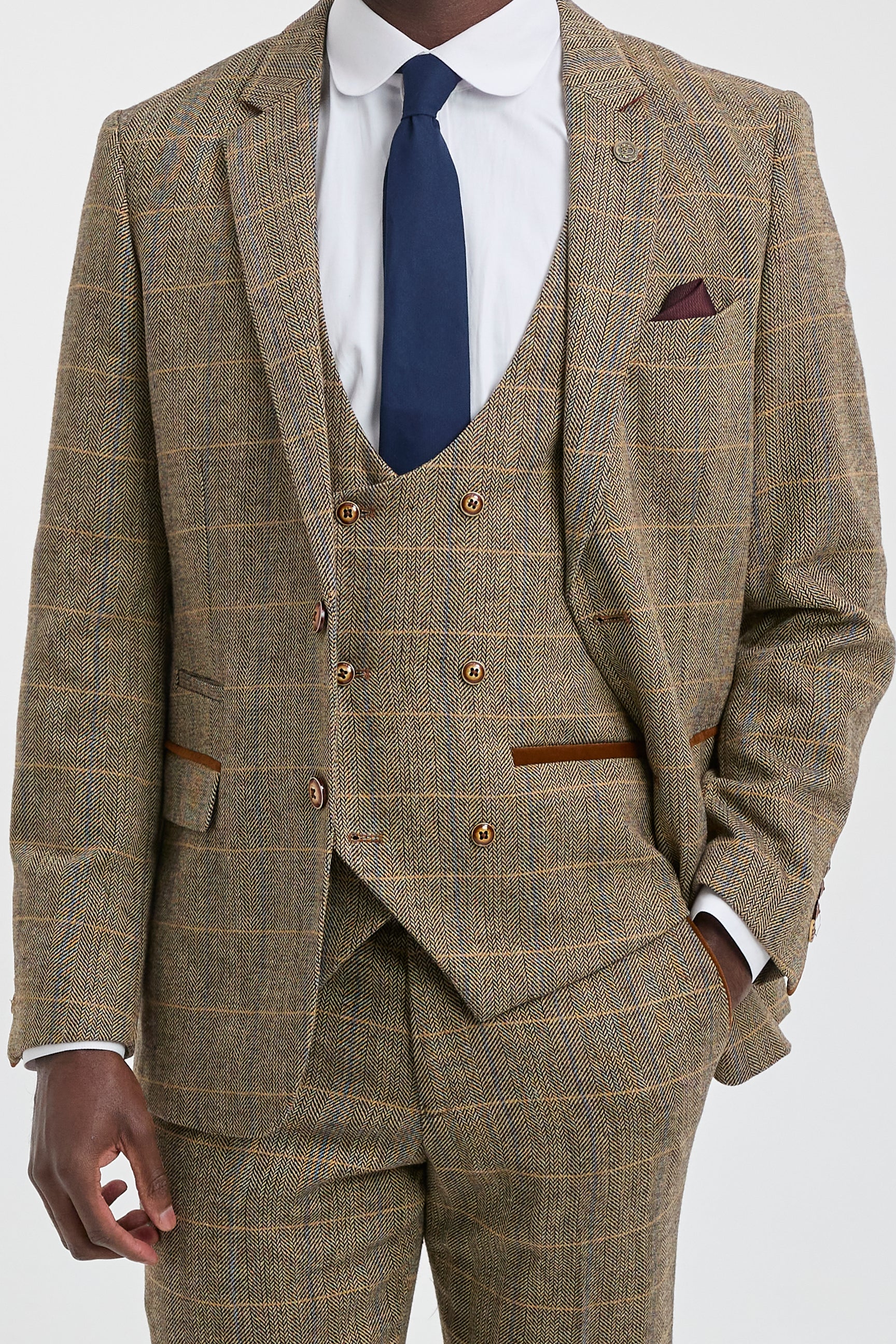 Herrenanzug, 3-teilig, Fischgrätenmuster, Tweed, hellbraun, kariert, maßgeschneiderte Passform, doppelt klassisch