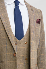 Herrenanzug, 3-teilig, Fischgrätenmuster, Tweed, hellbraun, kariert, maßgeschneiderte Passform, doppelt klassisch