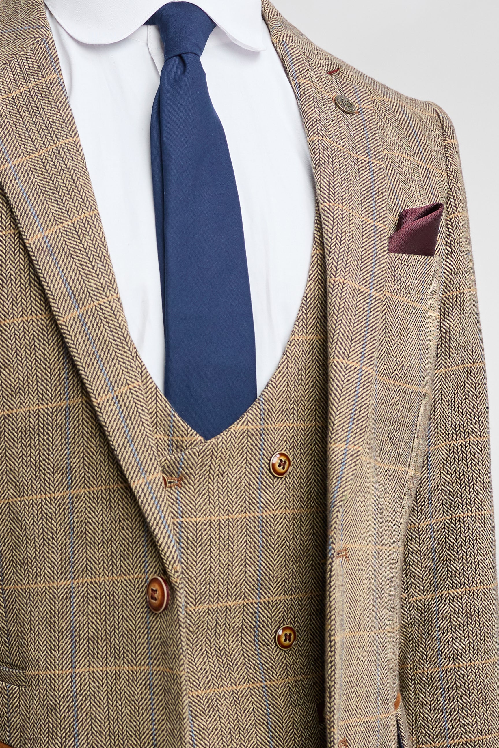 Herrenanzug, 3-teilig, Fischgrätenmuster, Tweed, hellbraun, kariert, maßgeschneiderte Passform, doppelt klassisch