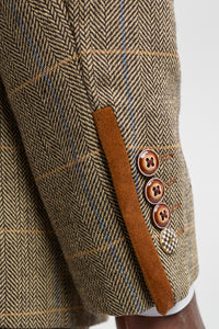 Herrenanzug, 3-teilig, Fischgrätenmuster, Tweed, hellbraun, kariert, maßgeschneiderte Passform, doppelt klassisch