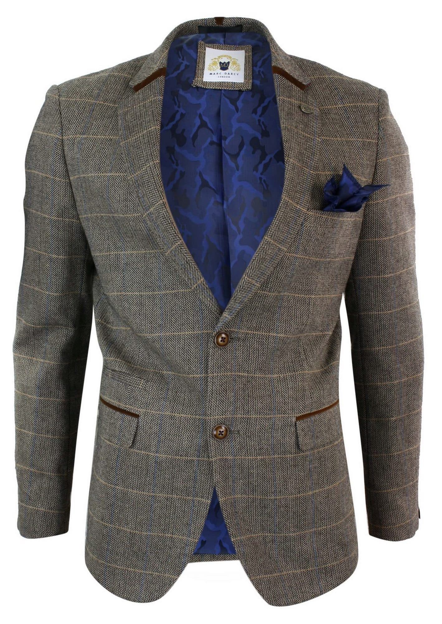 Mens Herringbone Tweed Marc Darcy Tan Brown Slim Fit 2 Button Blazer Check Jacket