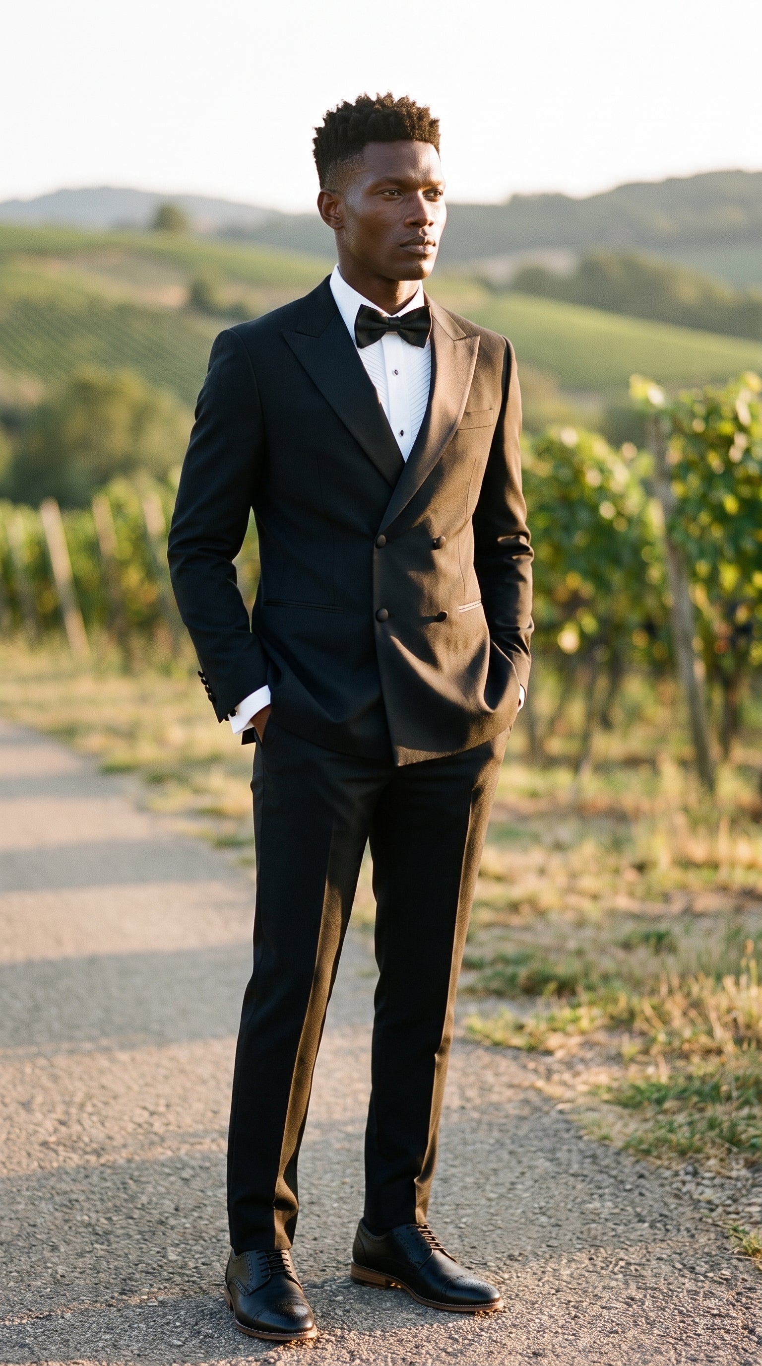 Look #801 styled with Aspen – Schwarzer zweiteiliger zweireihiger Smokinganzug für Herren