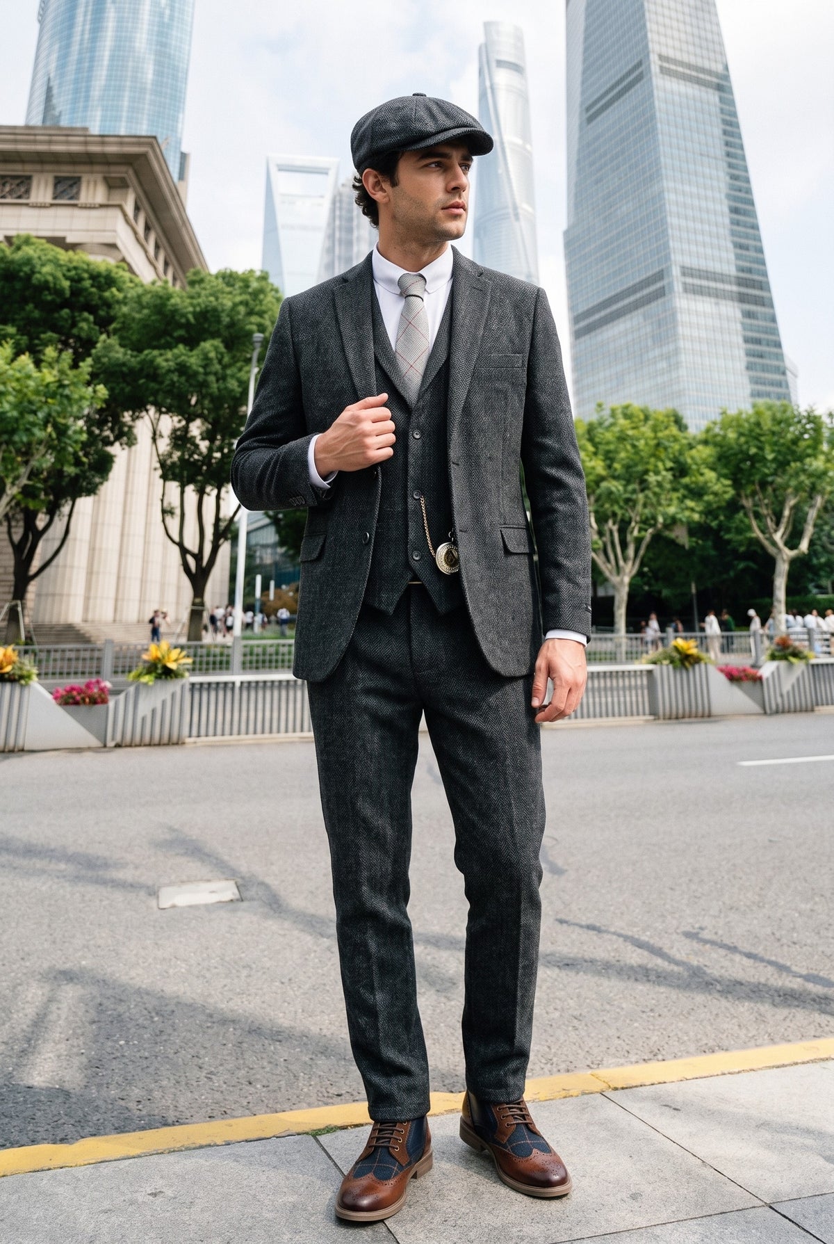 Look #882 styled with Anthrazitgrauer 3-teiliger Tweed-Anzug mit Fischgrätenmuster für Herren - STZ11