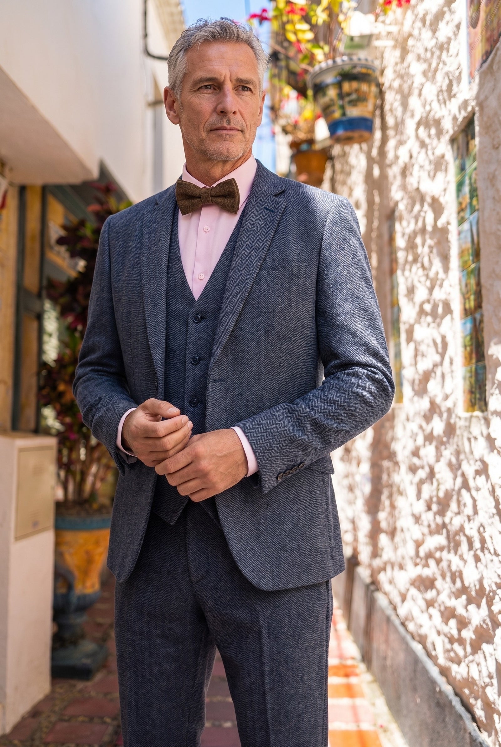 Look #956 styled with Herren Tweed Fischgrätmuster Strukturierte Marc Darcy Fliege Vintage Retro Hellbraun Nelson