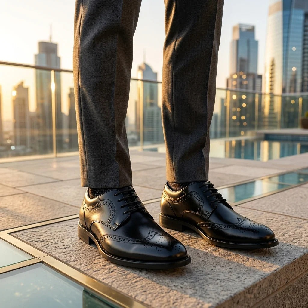 Cambridge - Schwarze Herren-Brogue-Derby-Schuhe mit Flügelkappe