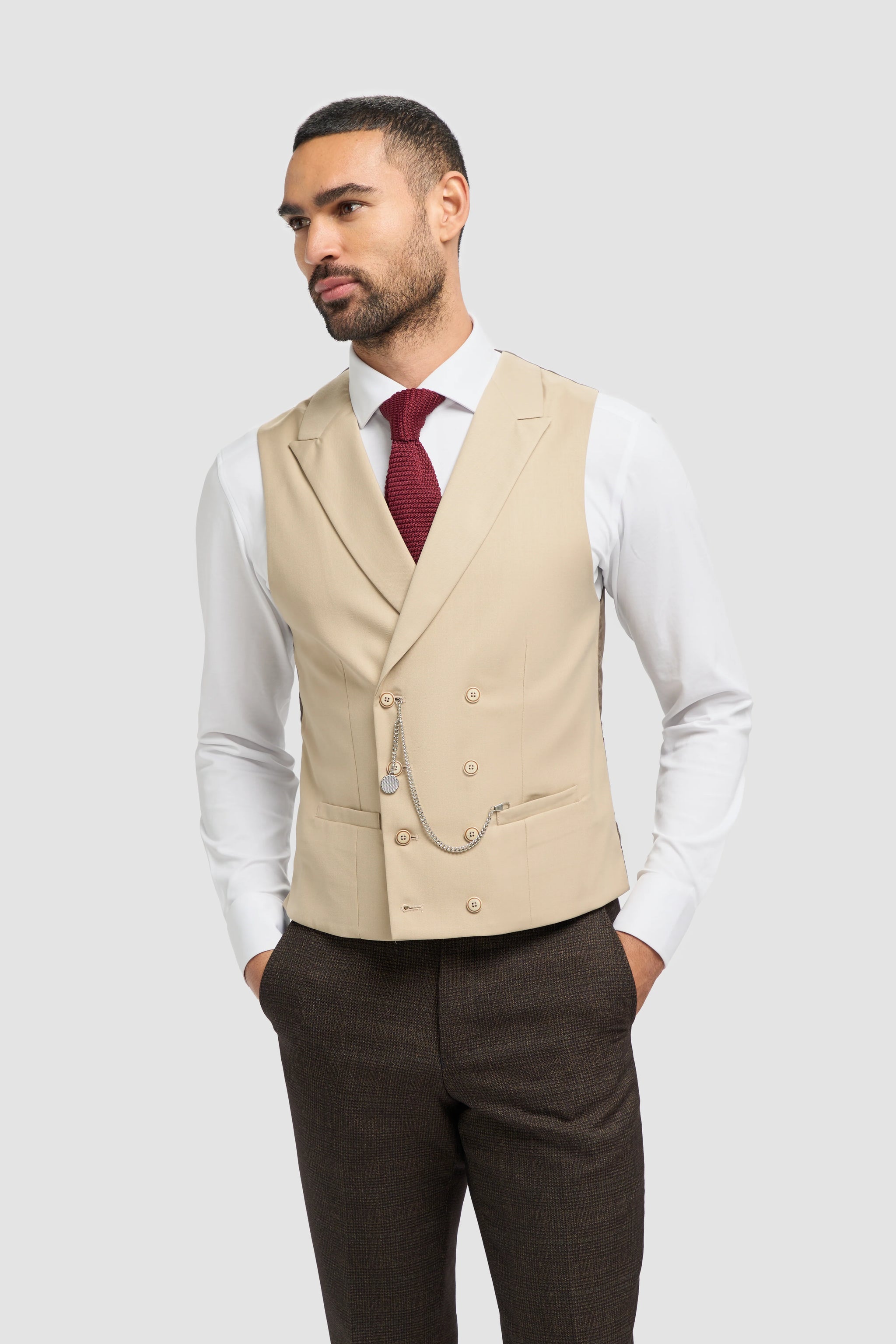 Brauner Tweed-Anzug für Herren, 3-teilig, kariert | Cremefarbene, zweireihige Weste