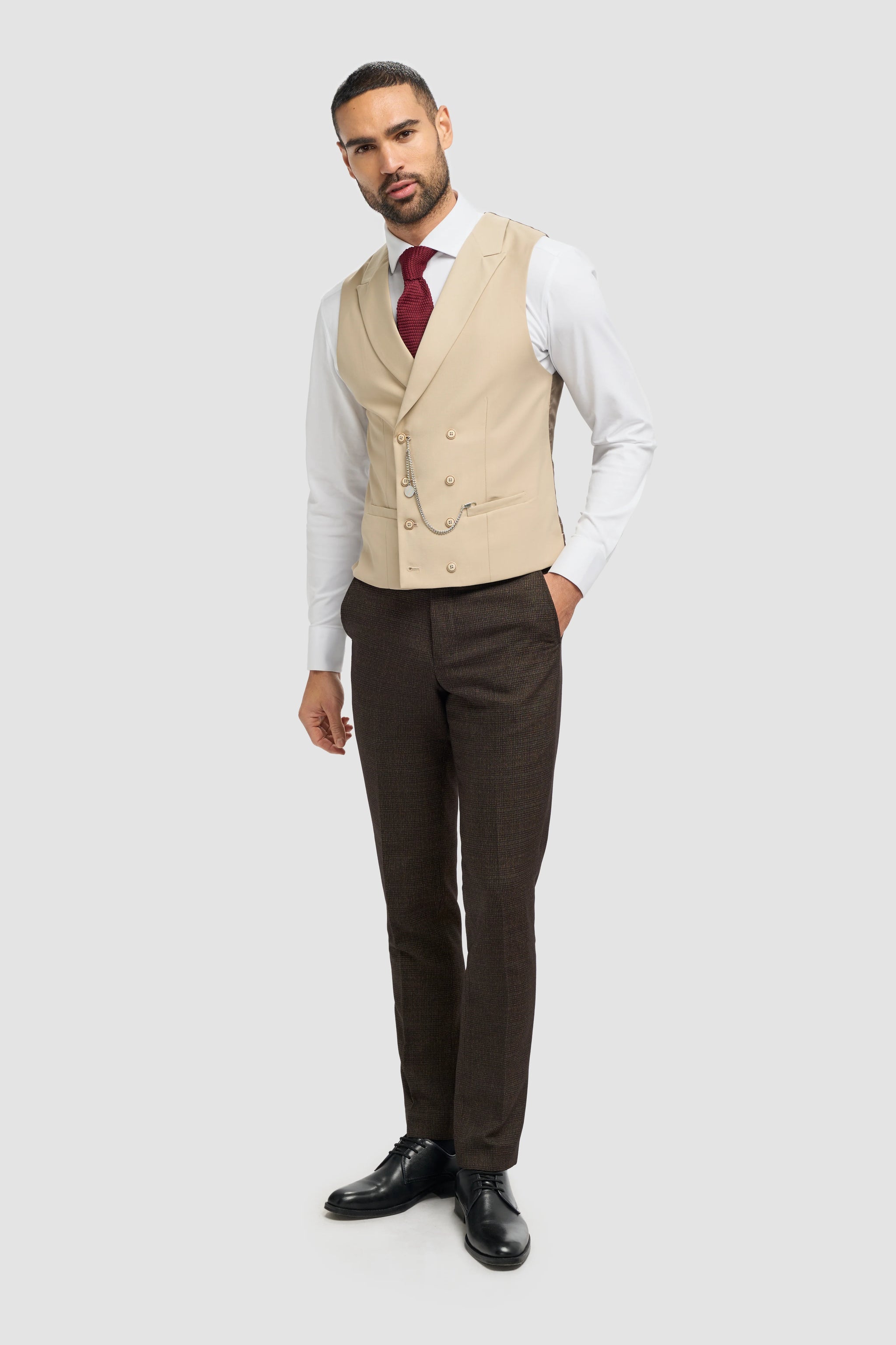 Brauner Tweed-Anzug für Herren, 3-teilig, kariert | Cremefarbene, zweireihige Weste