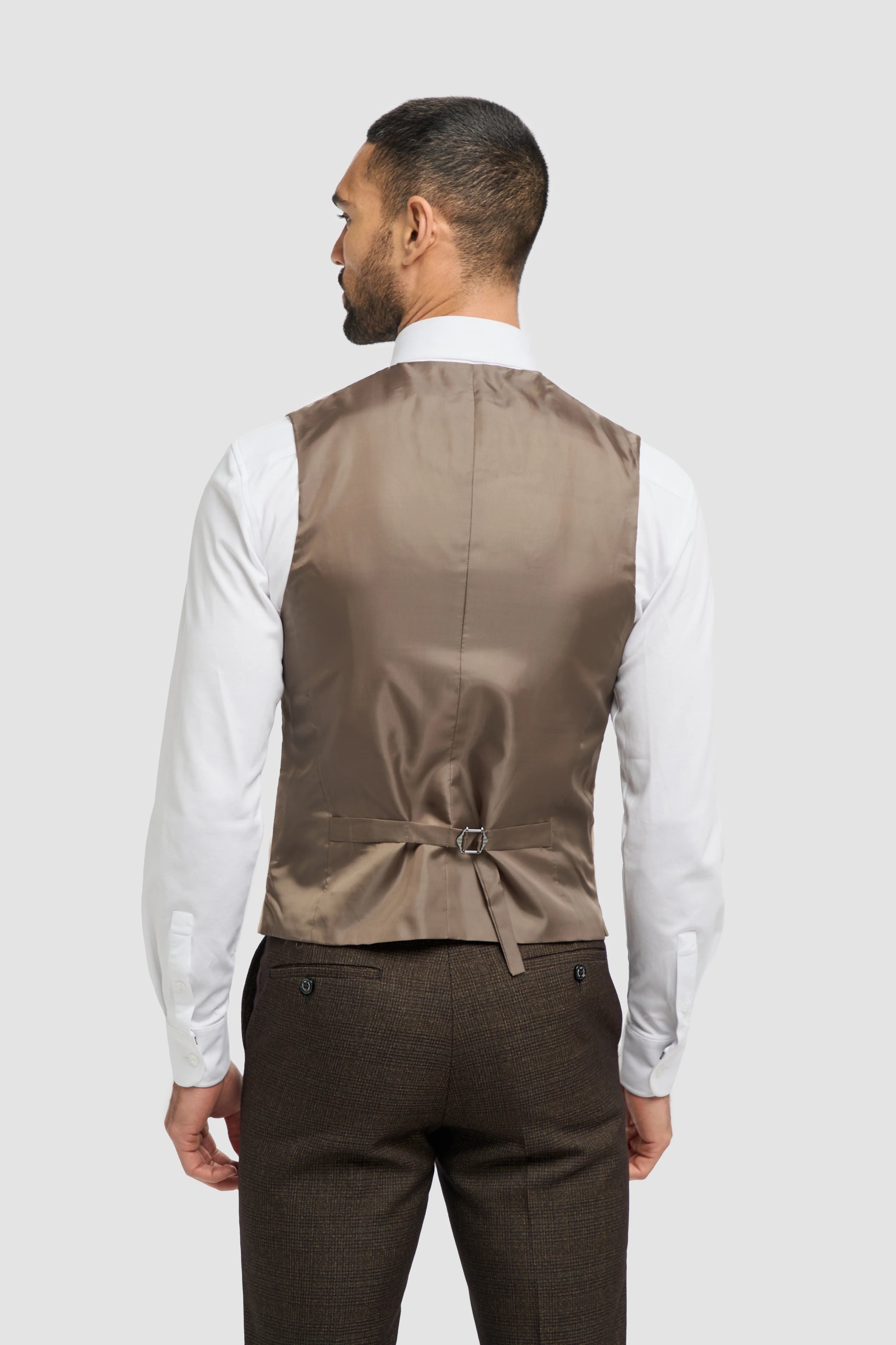 Brauner Tweed-Anzug für Herren, 3-teilig, kariert | Cremefarbene, zweireihige Weste