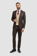 Brauner Tweed-Anzug für Herren, 3-teilig, kariert | Cremefarbene, zweireihige Weste