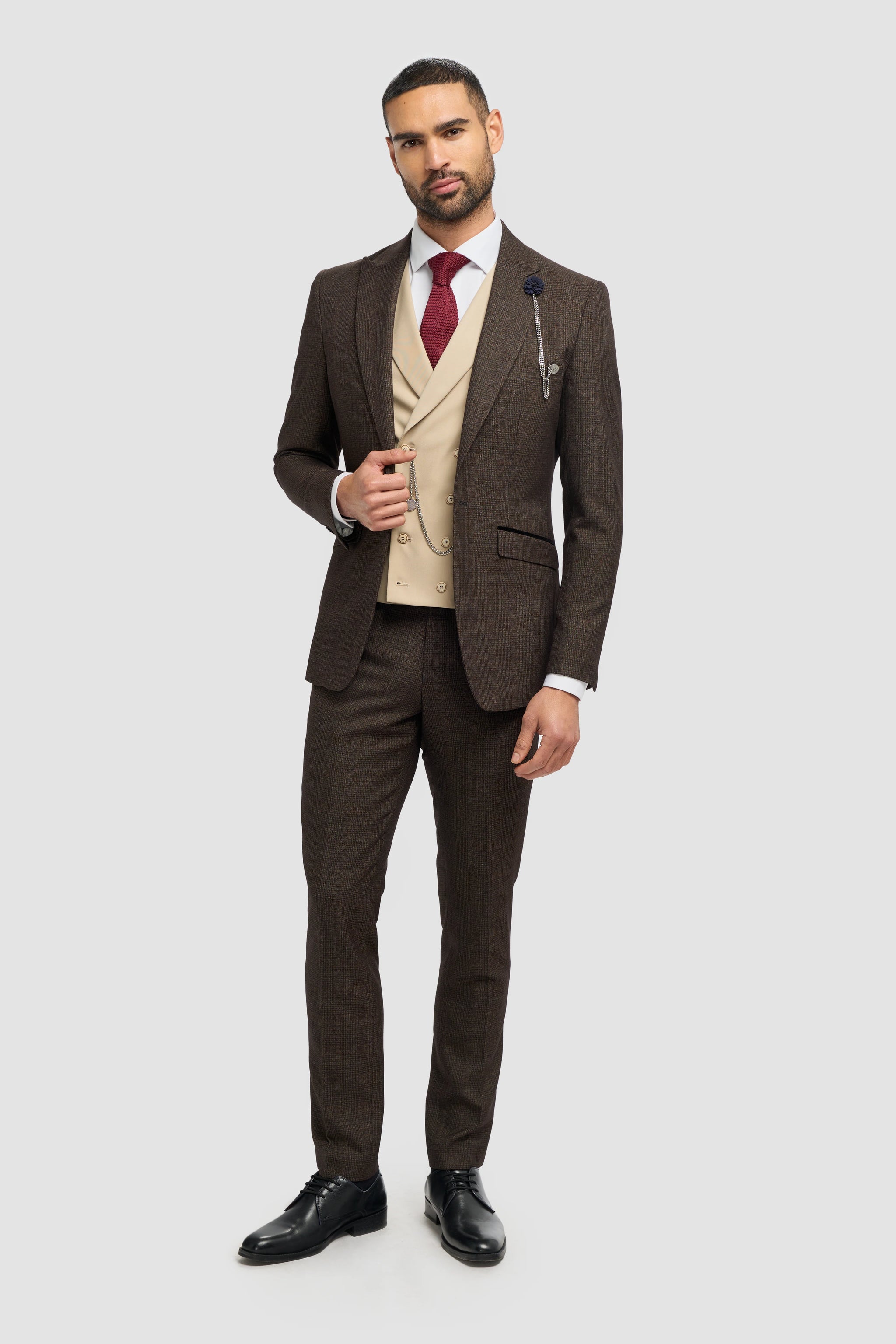 Brauner Tweed-Anzug für Herren, 3-teilig, kariert | Cremefarbene, zweireihige Weste