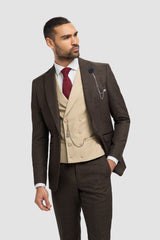 Brauner Tweed-Anzug für Herren, 3-teilig, kariert | Cremefarbene, zweireihige Weste