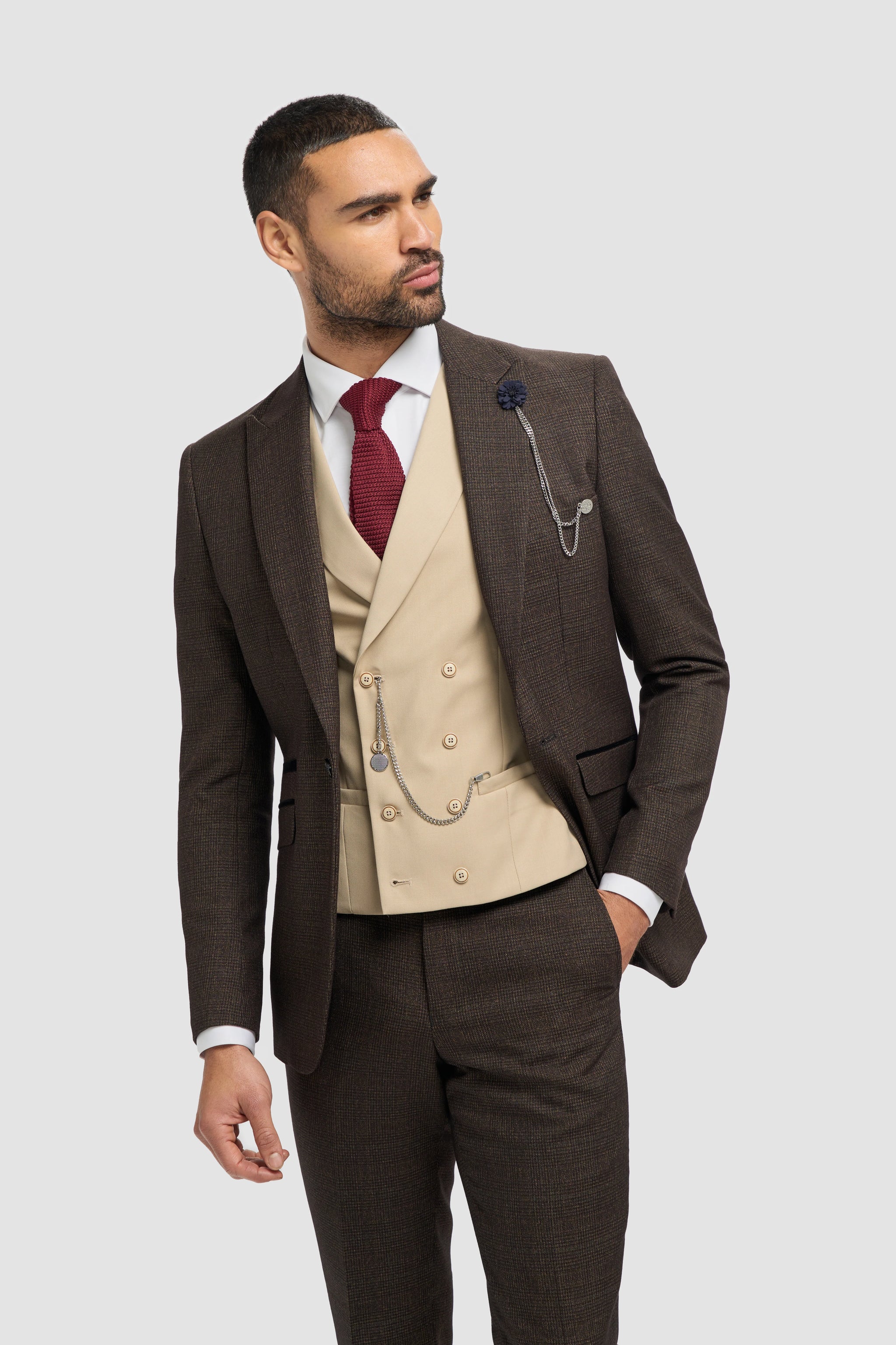 Brauner Tweed-Anzug für Herren, 3-teilig, kariert | Cremefarbene, zweireihige Weste