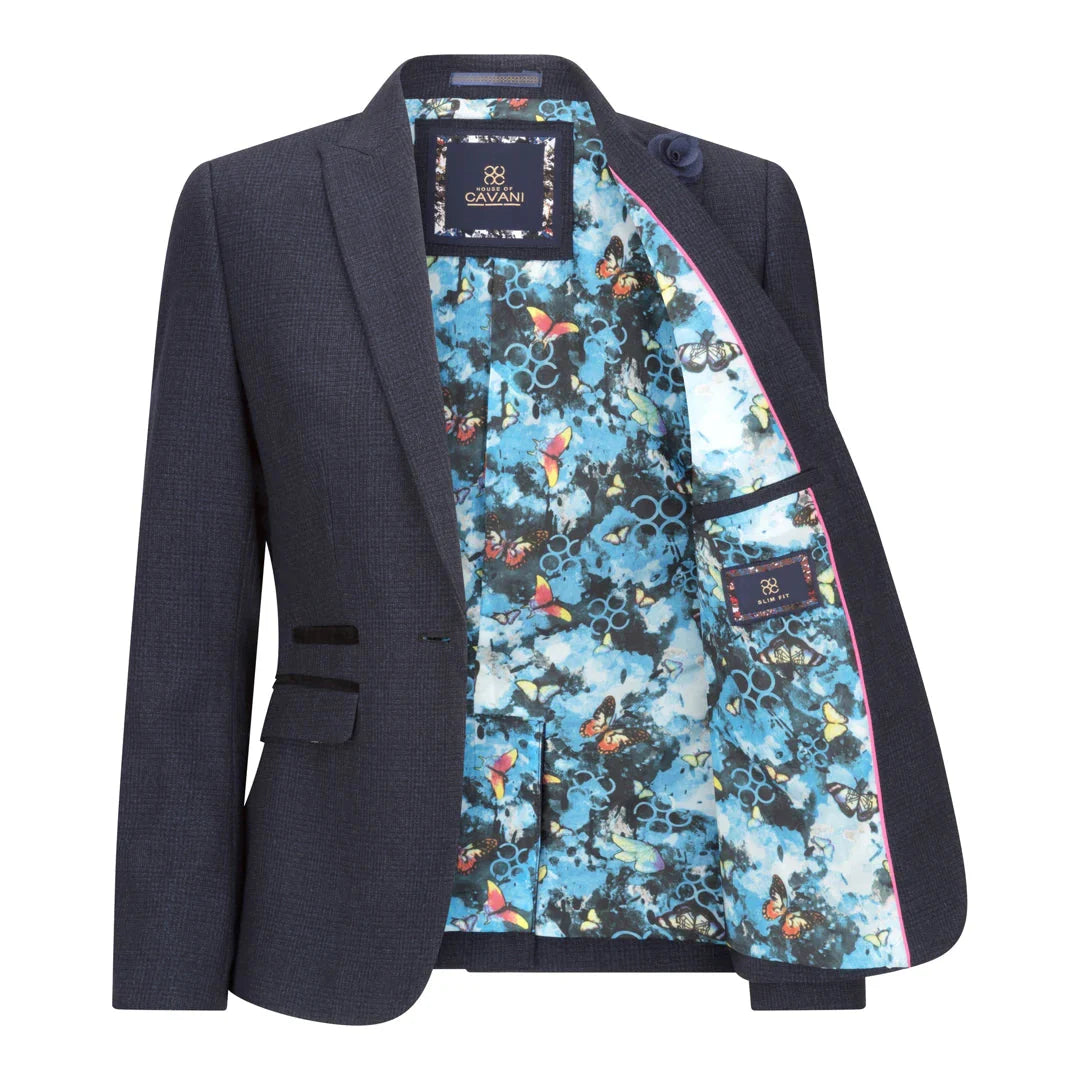 Caridi - Damen-Tweedblazer mit marineblauem Karomuster, Wolljacke im Stil der 1920er Jahre