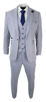 Mens 3 Piece Check Suit Tweed Light Blue Tailored Fit Wedding Peaky Classic
