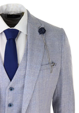 Mens 3 Piece Check Suit Tweed Light Blue Tailored Fit Wedding Peaky Classic