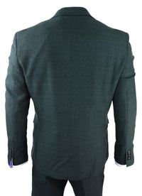 Mens 3 Piece Check Suit Tweed Olive Green Tailored Fit Wedding Peaky Classic