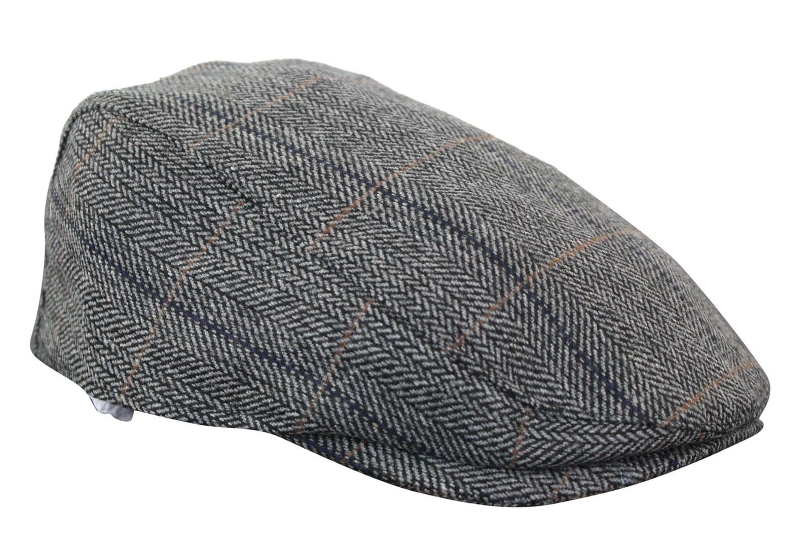 Cavani Albert Mens Tweed Flat Cap - Herringbone Tweed Wool Grandad Flat Hats Vintage - Tan Brown/Charcoal Grey