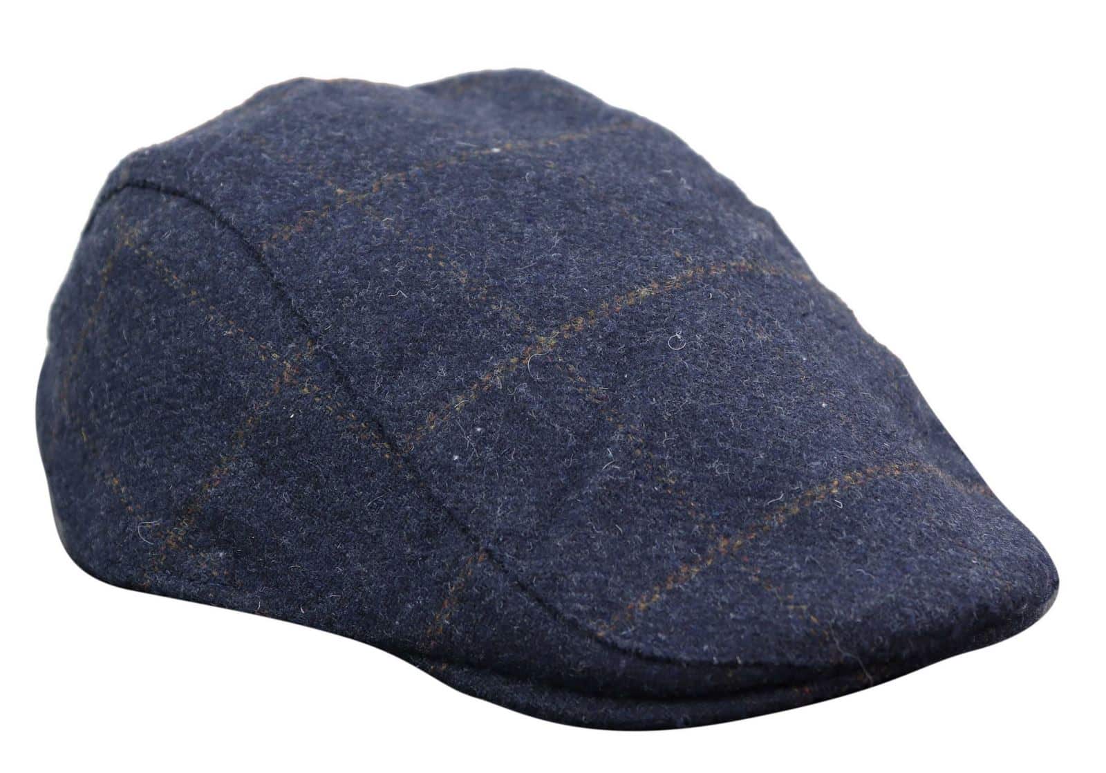 Cavani Kempson Flat Cap - Mens Tweed Wool Check Grandad Hat Vintage - Olive Green/Navy Blue