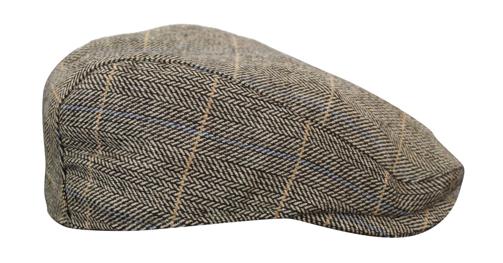 Cavani Albert Mens Tweed Flat Cap - Herringbone Tweed Wool Grandad Flat Hats Vintage - Tan Brown/Charcoal Grey