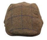 Cavani Kempson Flat Cap - Mens Tweed Wool Check Grandad Hat Vintage - Olive Green/Navy Blue