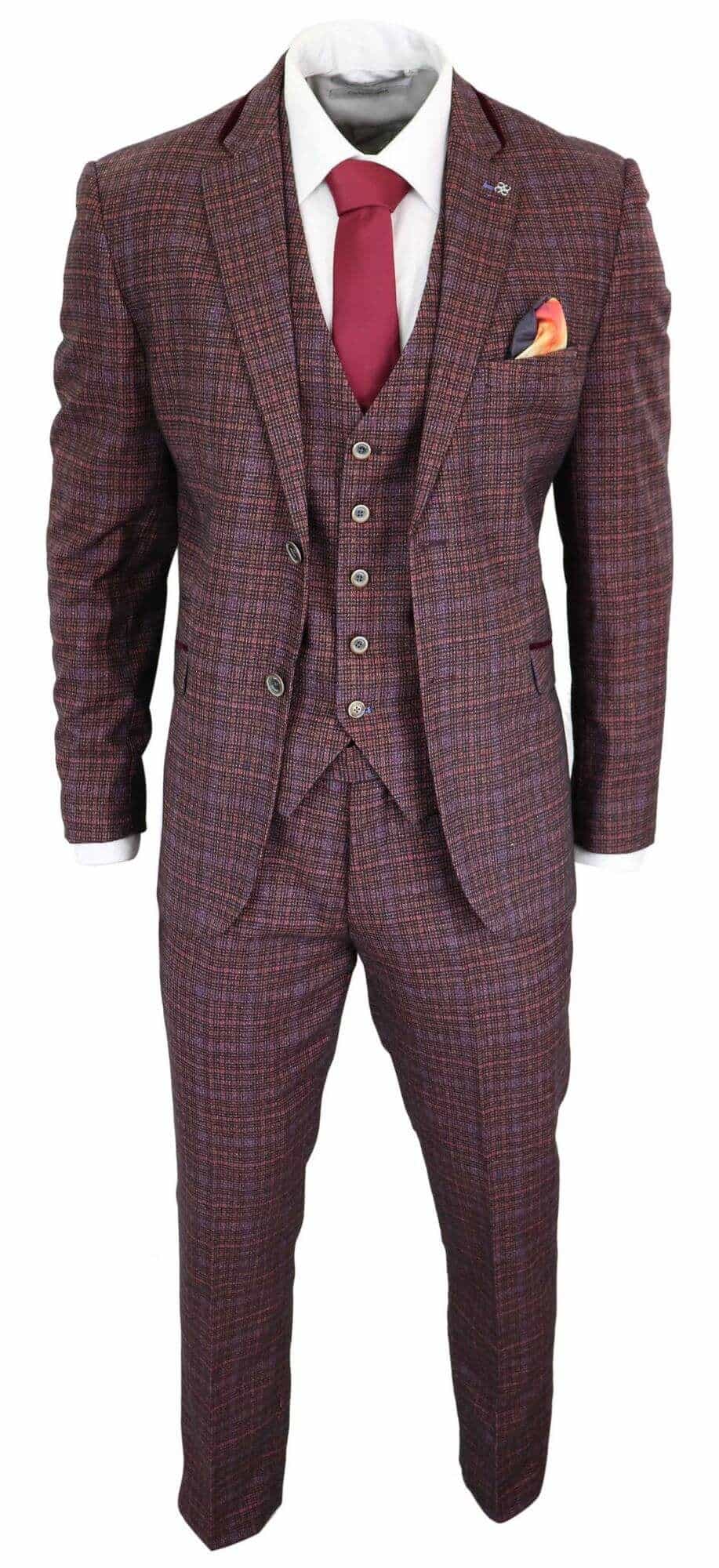 Cavani Carly - Men's 3 Piece Tweed Check Burgundy Suit