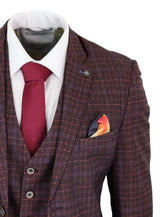 Cavani Carly - Men's 3 Piece Tweed Check Burgundy Suit