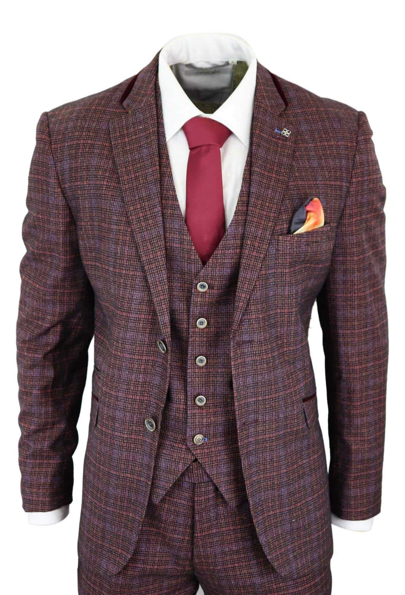 Cavani Carly - Men's 3 Piece Tweed Check Burgundy Suit