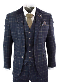 Cavani Shelby - Mens Navy Blue 3 Piece Herringbone Check Suit Vintage Retro Peaky Blinders Tweed