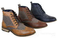 Cavani Sherlock - Mens Leather & Tweed Herringbone Ankle Boots