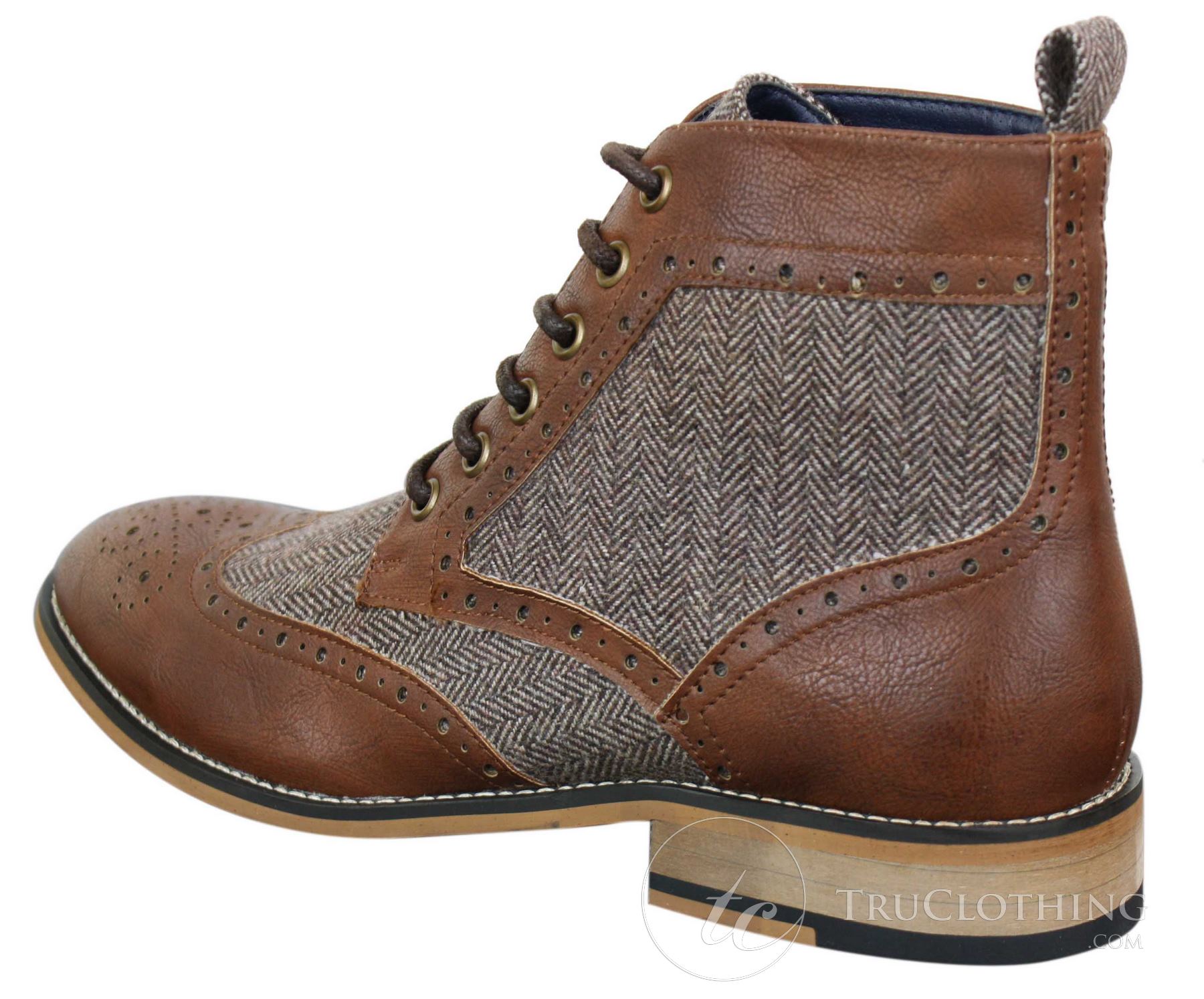 Cavani Sherlock - Mens Leather & Tweed Herringbone Ankle Boots