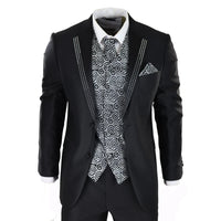 Men's Black 3-Piece Wedding Suit with Silver Cravat and Embellished Waistcoat