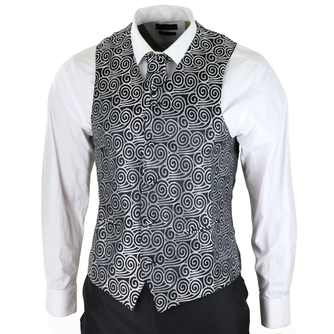 Men's Black 3-Piece Wedding Suit with Silver Cravat and Embellished Waistcoat