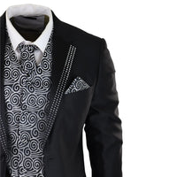 Men's Black 3-Piece Wedding Suit with Silver Cravat and Embellished Waistcoat