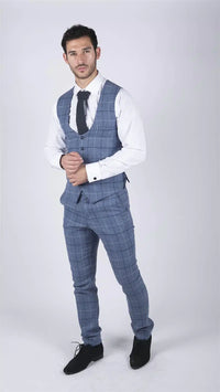 Mens Marc Darcy Light Blue Navy Check Waistcoat Smart Casual Tweed Slim Fit Clinton
