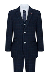 Boys Blue 3 Piece Suit Navy Check Wedding Prom Formal Vintage Tailored Fit